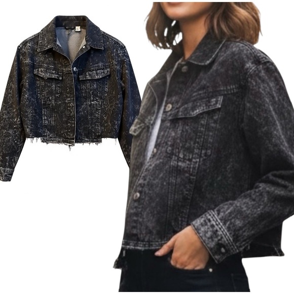 Divided by H&M Women's Black Acid Wash Distressed Cropped Denim Jean Jacket - Picture 1 of 8